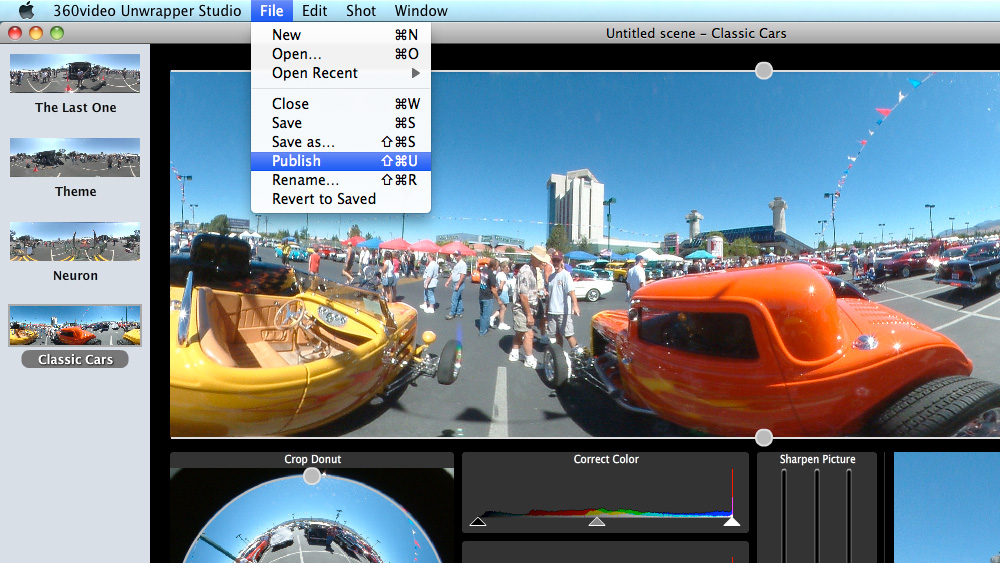 Unwrapper Studio screenshot: publishing a 360video scene